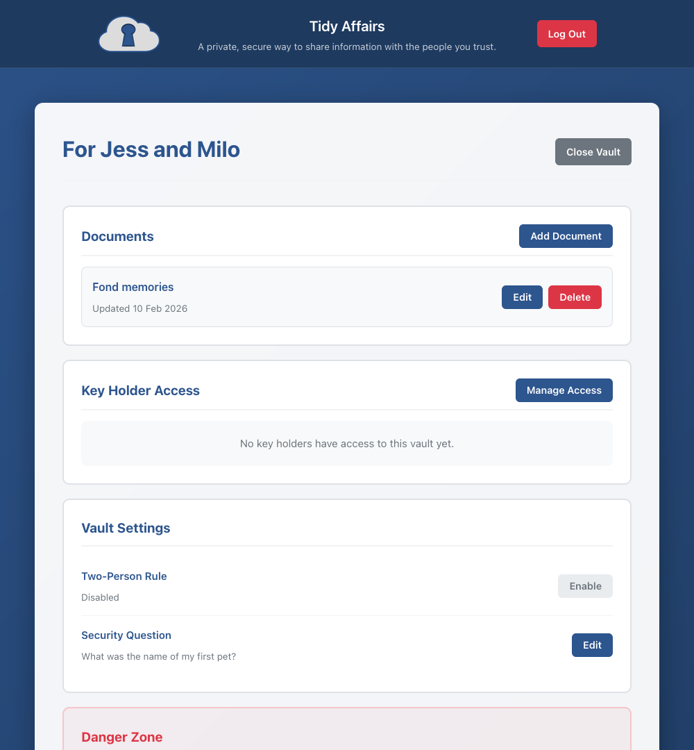 Tidy Affairs vault management screen showing document list and key holder access controls